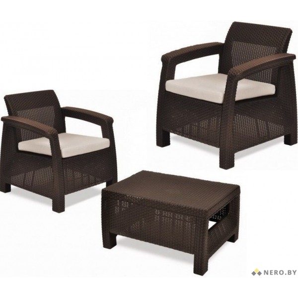 Комплект мебели Keter Corfu Weekend Set (2 кресла+столик), коричневый/песочный беж