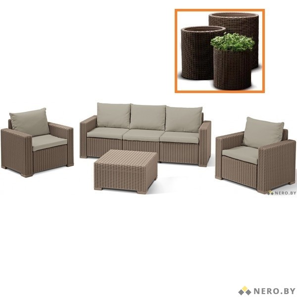 Комплект мебели Keter California 3 Seater (графит, капучино, коричневый) + Набор кашпо Cylinder Planter 3шт.